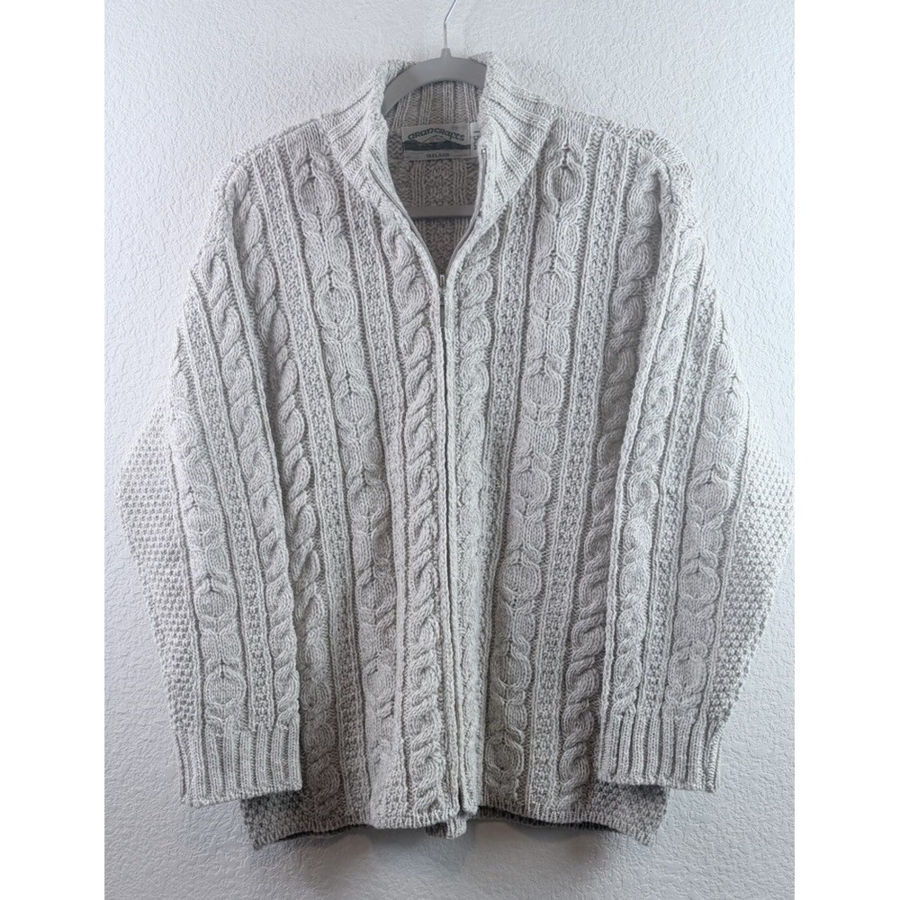 Aran Crafts Ireland Men's L Cable Knit Full Zip Cardigan Irish Fisherman Sweater